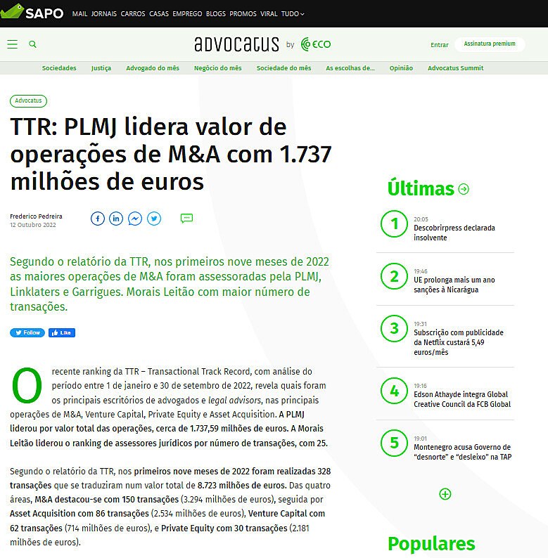 TTR: PLMJ lidera valor de operaes de M&A com 1.737 milhes de euros